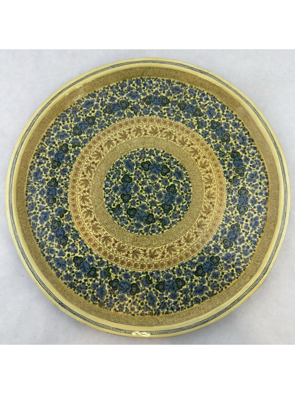 Vintage Lacquered Wood Tray Floral Boho Wall Plate 12" Diameter Blue Gold Yellow